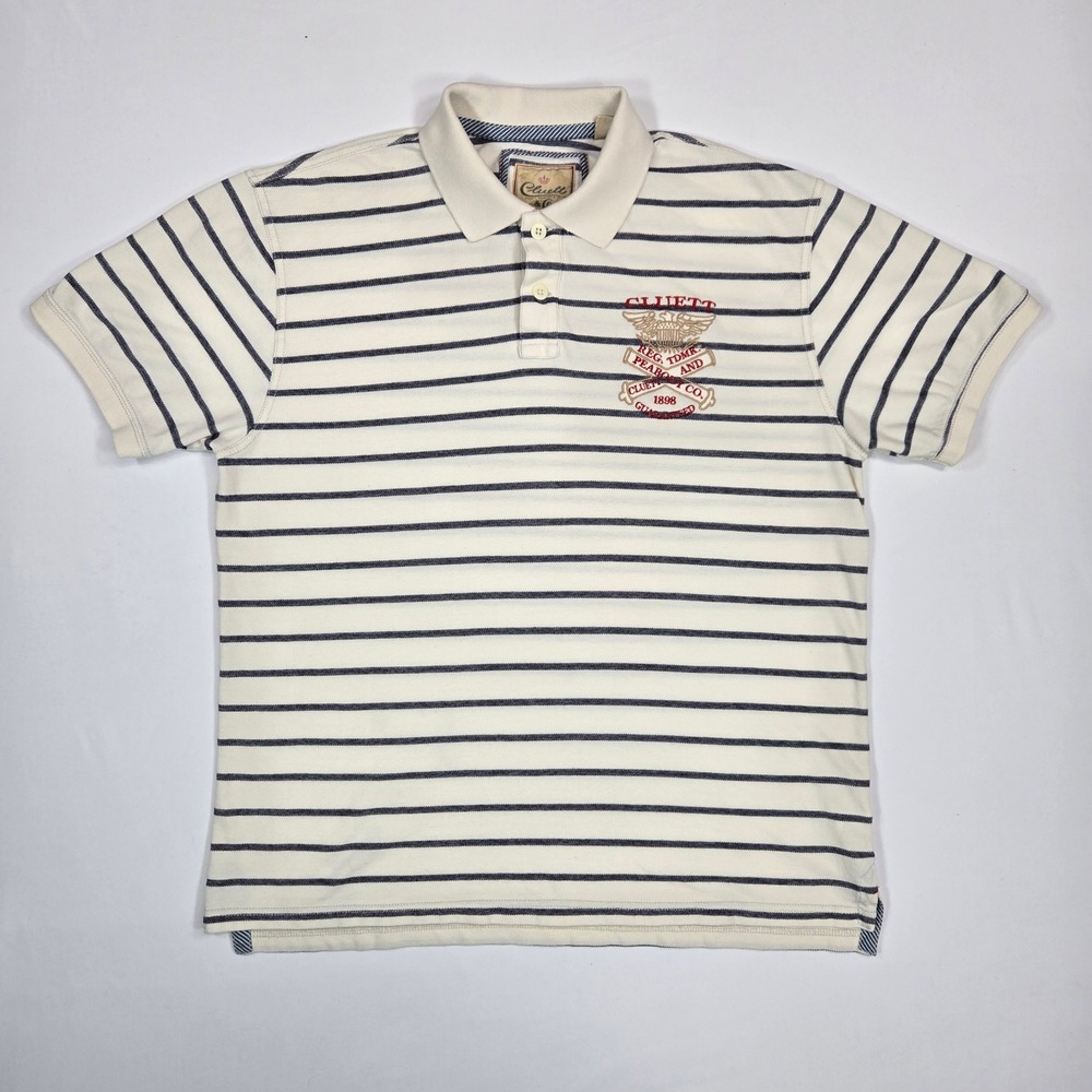 Cluett Peabody Men L Navy Striped Polo Rugby Preppy Crest Y2K Style